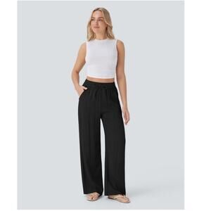 High Waisted Drawstring Pocket Wide Leg Baggy l Linen-Feel Pants Large- Petite